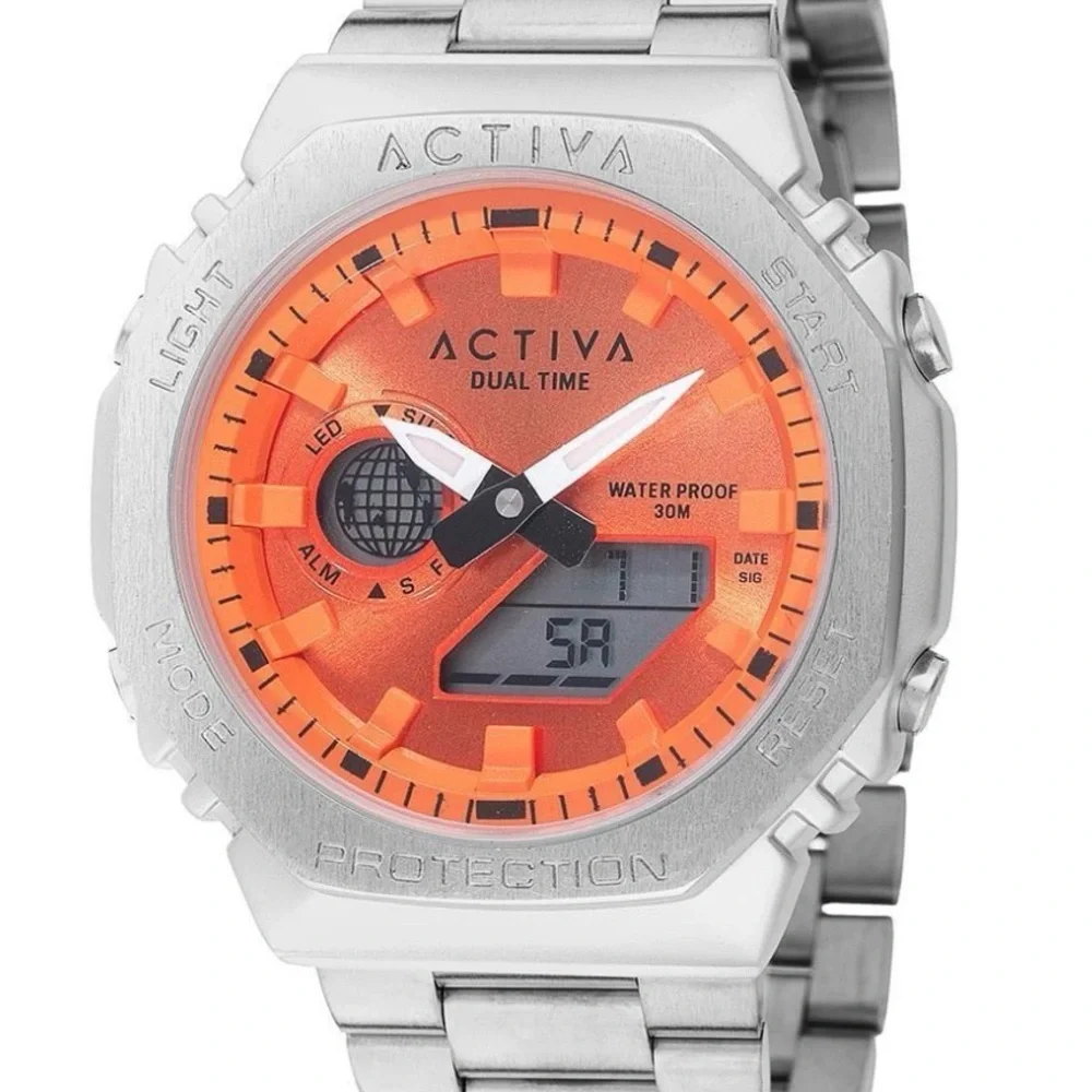 New ACTIVA x INVICTA DIGITAL ESSENTIALS Unisex 45.5mm Alloy Silver / Orange Face
